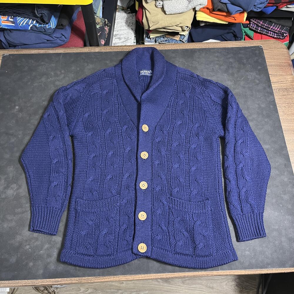 Vintage Damon Wool Sweater Cardigan Mens Large Blue Shawl Collar Hong Kong